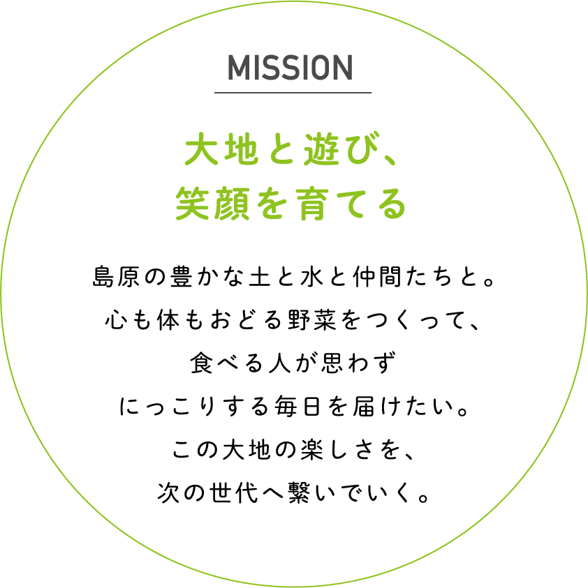 MISSION 大地と遊び、笑顔を育てる｜島原の豊かな土と水と仲間たちと。心も体もおどる野菜をつくって、食べる人が思わずにっこりする毎日を届けたい。この大地の楽しさを、次の世代へ繋いでいく。